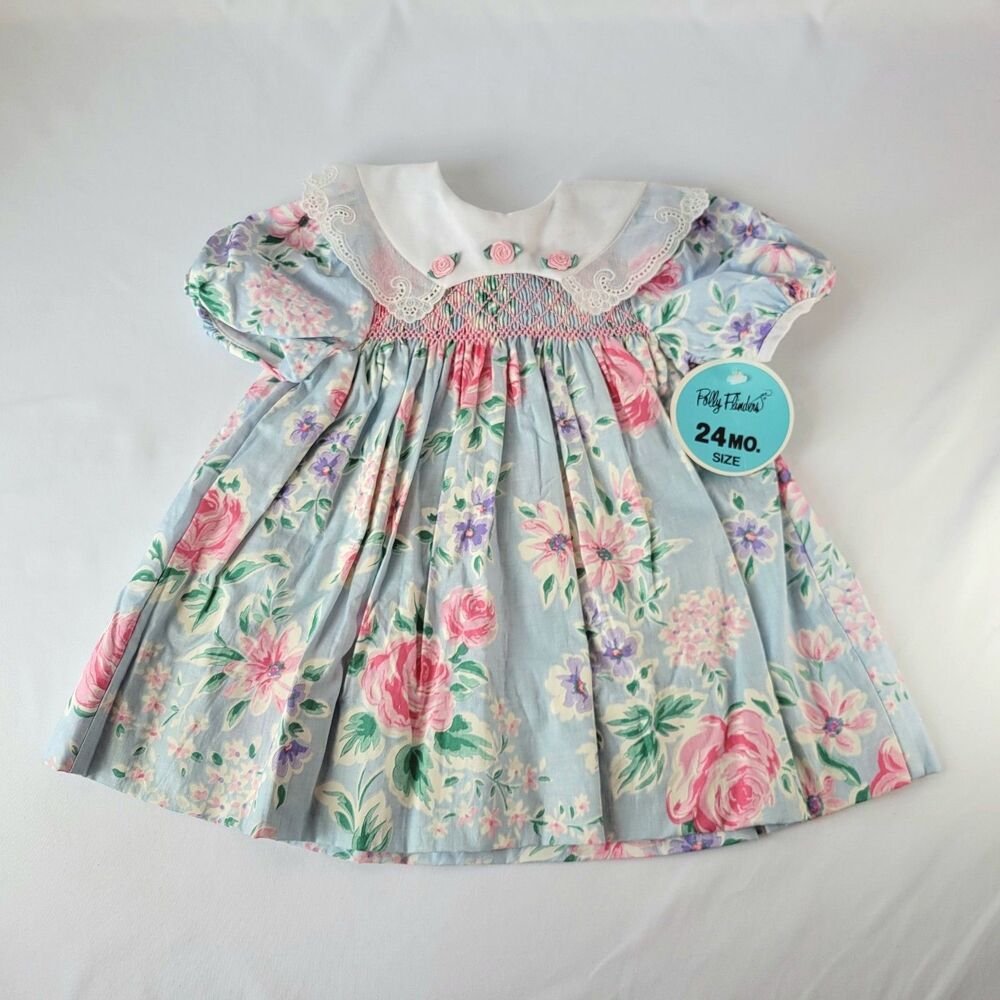 True Vintage Polly Flinders Dress Smocked Blue Floral Embroidered Collar 24M
